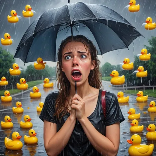 Prompt: Young woman with umbrella, heavy rain of rubber duckies, storm of roses, scared expression, oil painting, whimsical, unexpected, funny, high quality, detailed, humorous, surreal, unexpected, ominous lighting, vibrant colors, surrealistic, oil painting, detailed facial expression, overwhelmed, surprised, unexpected downpour, quirky atmosphere, humorous concept