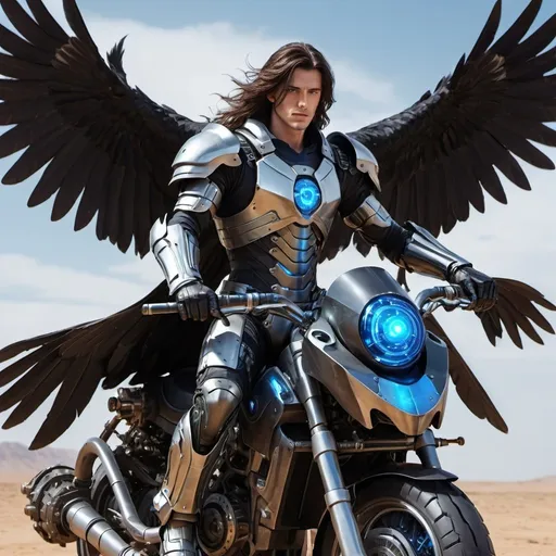 Prompt: Sci-fi  male hero wearing scifi armor with long dark brown hair and blue eyes, riding on back of a mechanical cybernetic crow