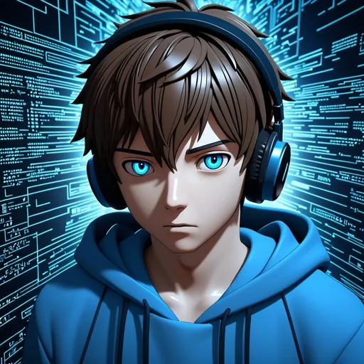 Prompt: Highly detailed anime illustration of a teenage boy with-brown hair, wearing a blue hoodie and headphones, surrounded by coding elements, intricate facial features, professional 3D rendering, intense and focused gaze, cool-toned lighting, best quality, ultra-detailed, anime, coding, detailed hair, professional, blue tones, intense gaze, 3D rendering