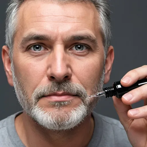 Prompt: a Man, with a gray beard hair, with a droplet serum changing the gray beard hair to black