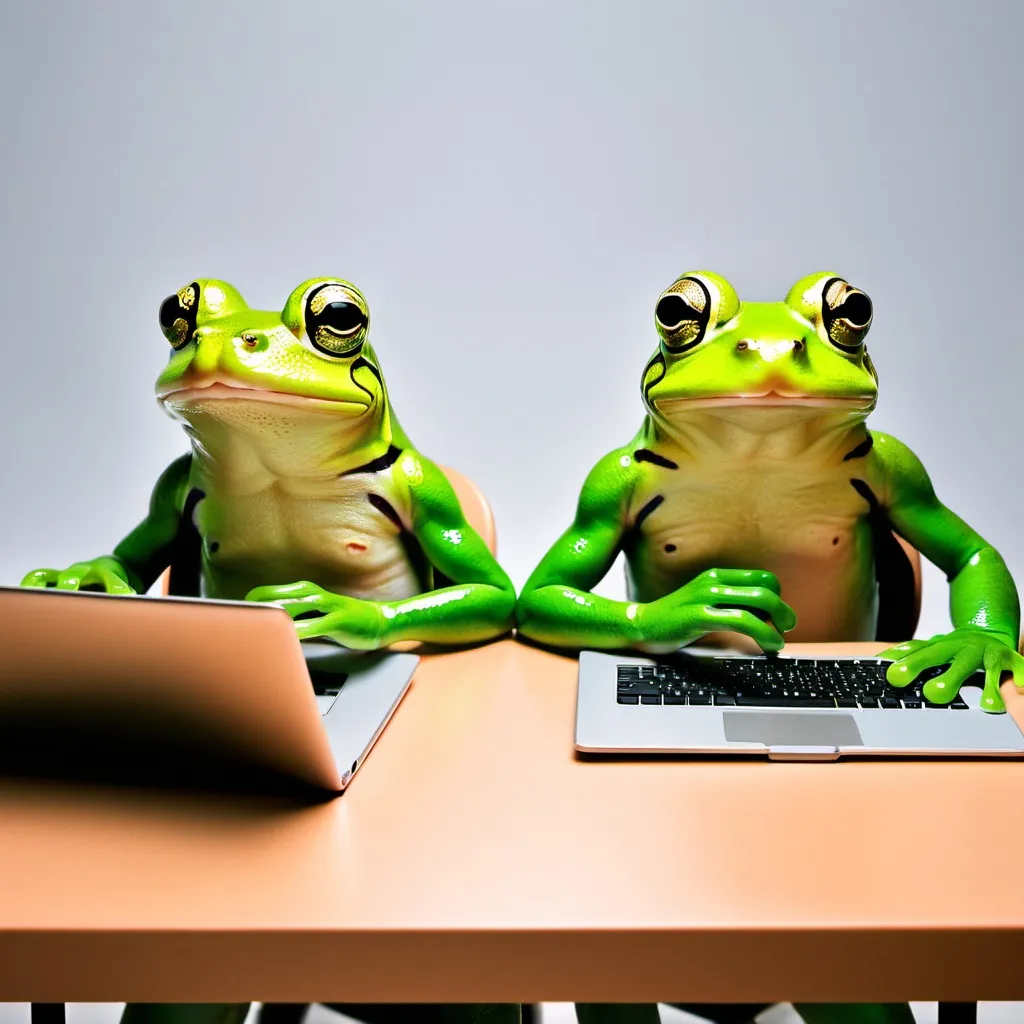 Prompt: Two green frogs studying in a table near each other and two laptops in front of them.

