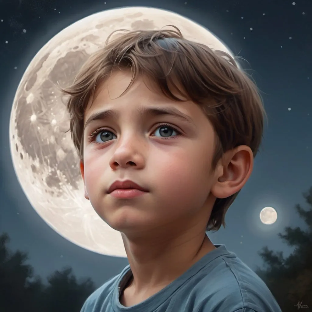 Prompt: Boy gazing at the moon, digital painting, dreamy atmosphere, detailed facial features, realistic moon, serene color tones, tranquil lighting, high quality, digital painting, dreamy, realistic, detailed facial features, serene, tranquil