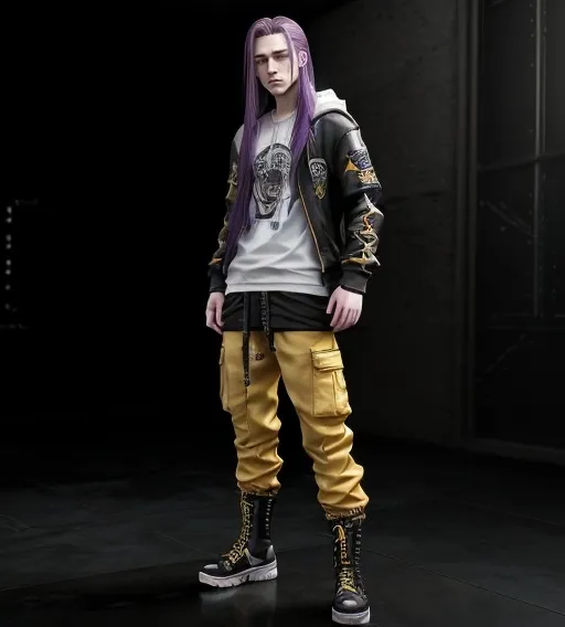 Prompt: Hyper-realistic 20 years old emo male, 166 lbs, caucasian, long purple hair slicked back, golden yellow eyes, handsome/defined features, average build, black cargo pants, violet combat boots, white shirt, golden yellow hooded Rcloak. full body, HDR, UHD, 64K, unreal engine