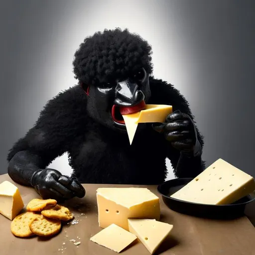 Prompt: a large piece of black things sitting eating chicken whilst beating up a can of cheese whiz