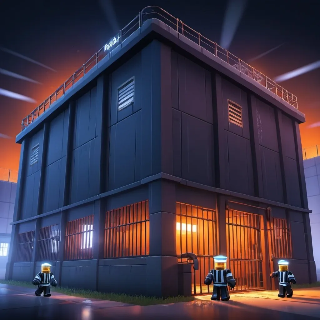 Prompt: Roblox Jailbreak prison game cover art, night scene, high quality, detailed 3D rendering, urban, futuristic, intense atmosphere, dramatic lighting, cool tones, detailed character designs, detailed prison architecture, professional illustration