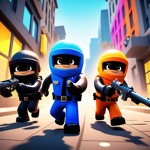 Prompt: vivid cops vs robbers battle scene, (Roblox style graphics), dynamic characters in action, colorful outfits and gear, intense atmosphere, urban background with buildings, detailed weapons and accessories, playful yet competitive vibe, engaging gameplay elements, illustration feels, high-quality, (4K) ultra-detailed, vibrant colors, energetic lighting, lively expressions and poses.