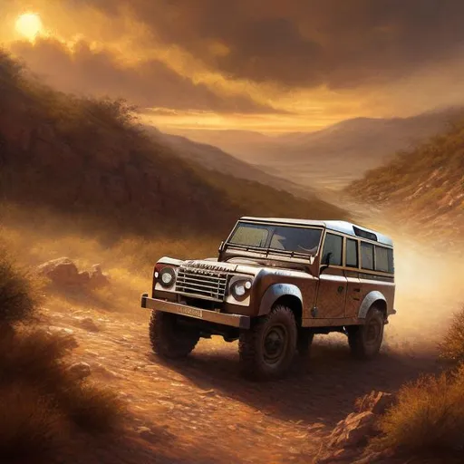 Prompt: Landrover in sunset, warm-toned, realistic painting, dusty trail, rugged vehicle, majestic sky, detailed landscape, high quality, realistic, warm tones, scenic, rugged, professional, atmospheric lighting