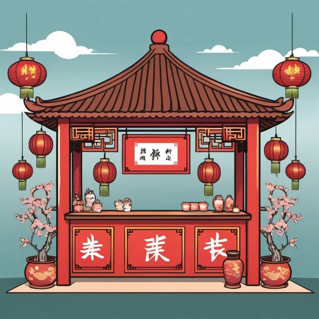 Prompt: a festival booth with Chinese style cute sketch line design 