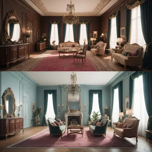 Prompt: Split screen showing two contrasting settings: Isabella’s luxurious mansion with opulent decor at the top and Clara’s modest apartment with simple furnishings at the bottom.