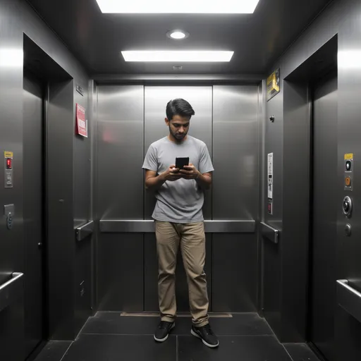 Prompt: a man standing in a elevator looking at his cell phone while holding a camera in his hand and looking at his phone, Bikash Bhattacharjee, minimalism, jayison devadas, a stock photo