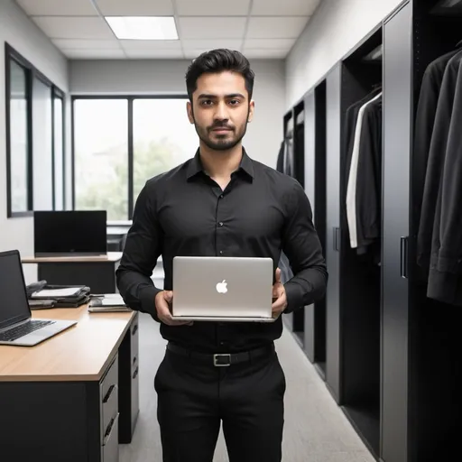 Prompt: The man is 30 years old and is wearing a black shirt and black pants. There is an office in the background. Another office has a closet. There are laptops in the closet and the man is holding a laptop. is giving and also wearing classes Adami should have picture full details and 3D.