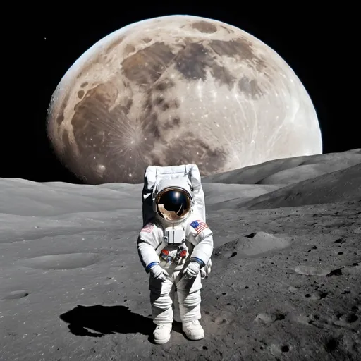 Prompt: necesito crear una foto hiperrealista de neil amstron en la luna contemplando la capsula lunar en lasuperficie pisada de la luna y en el espaco de fondo la tierra.
necesito destacar  ya que es un ejercicio de un curso