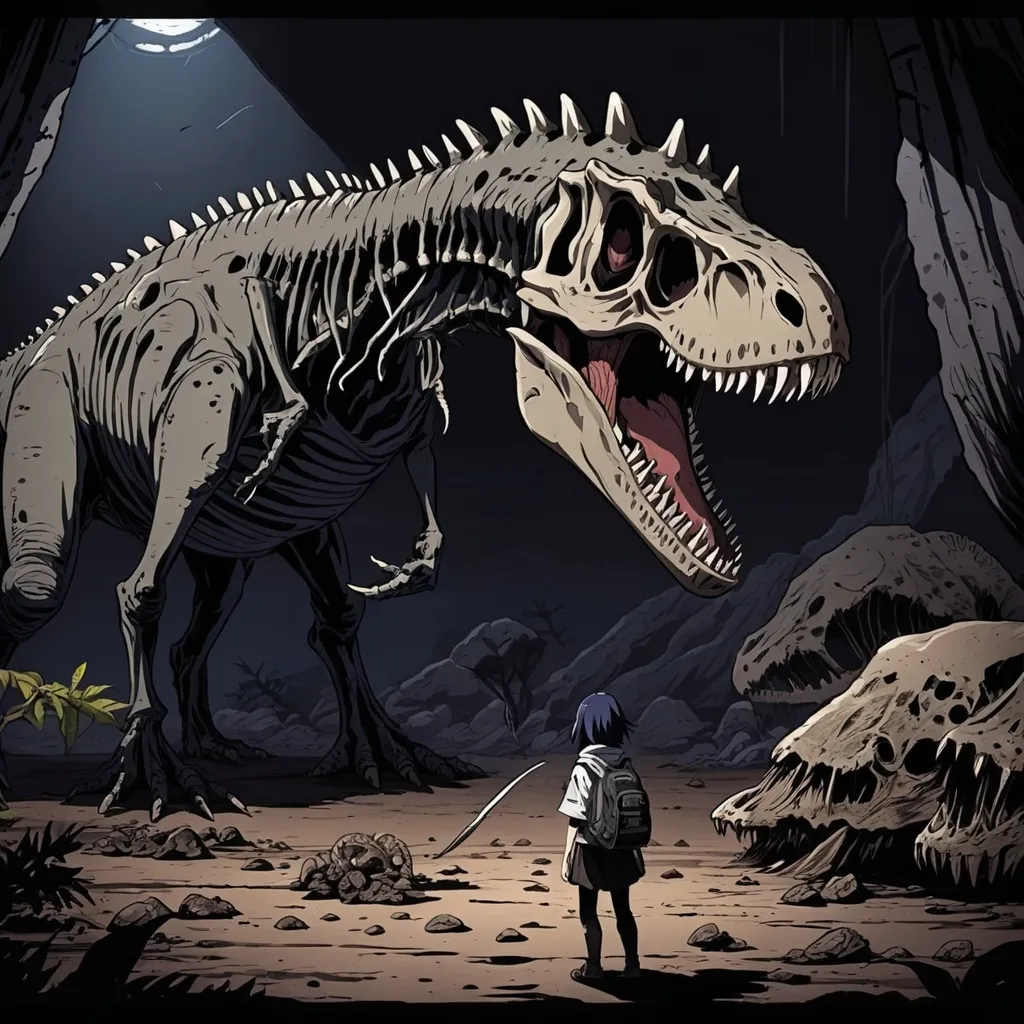 Prompt: 2d dark j horror anime style, dino fossils, anime scene