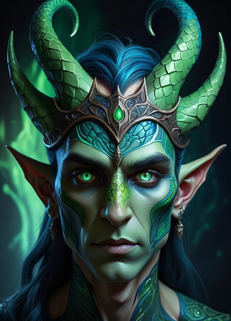 Prompt: green-blue skinned half demon half elf, intricate pattern skin, green-blue serpent skin pattern texture on face, elegant  magical glowing eyes, scales on face, demonic, full body,  scarred face, organically horned crown, extremely detailed, dnd character art portrait, dark fantasy art, intricate fantasy painting, dramatic lighting, vivid colors, deviant art, artstation, by edgar maxence and caravaggio and michael whelan