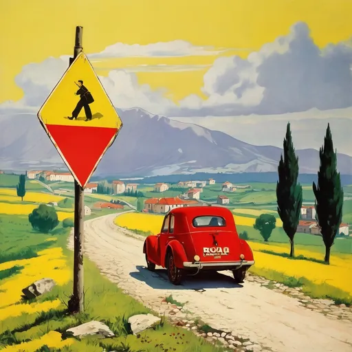 Prompt: A yellow road sign and a red car in the distance, style propaganda Yugoslavia WW2