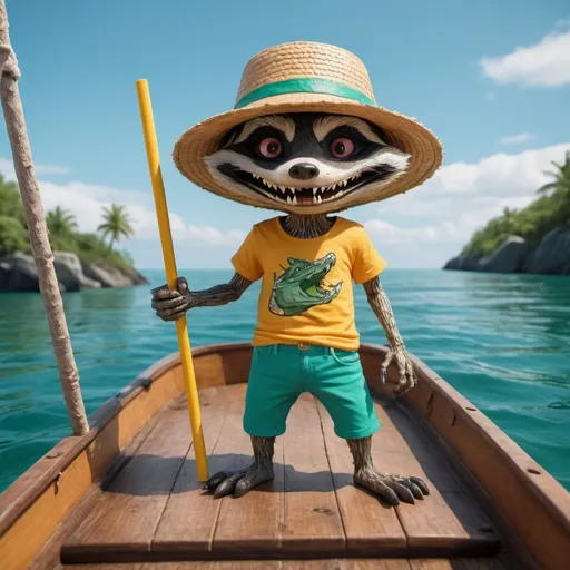 Prompt: The creature has a face like a raccoon, but its body is human-like, wearing a colorful T-shirt and long pants. It has crocodile-like feet and wears a straw hat. It stands in the middle of the sea on a boat.