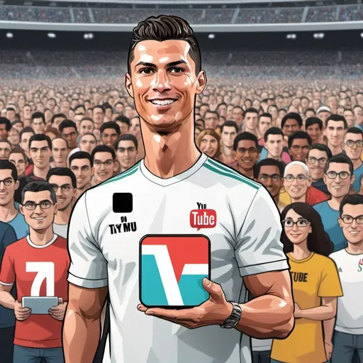 Prompt: Cristiano Ronaldo holding YOUTUBE  play button with a wide range of crowd behind in 2d cartoon style