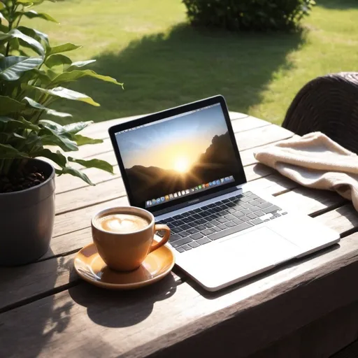 Prompt: coffee and macbook and sunshine, warm, summer weather