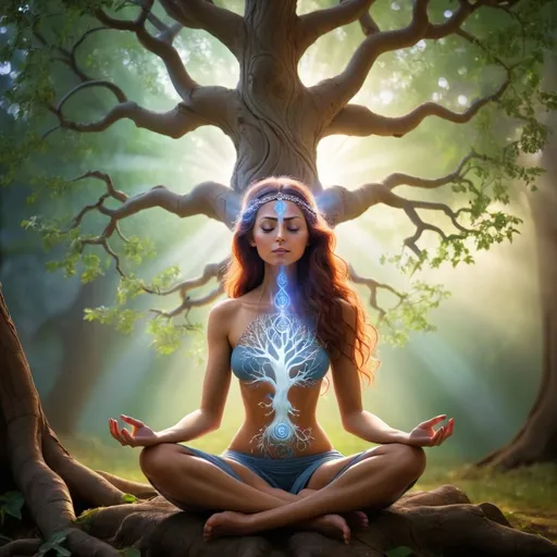 Prompt: MYSTIC MUSE sitting while meditating by the tree of life. Practicing sing the third eye When the body is still, the body fills with light