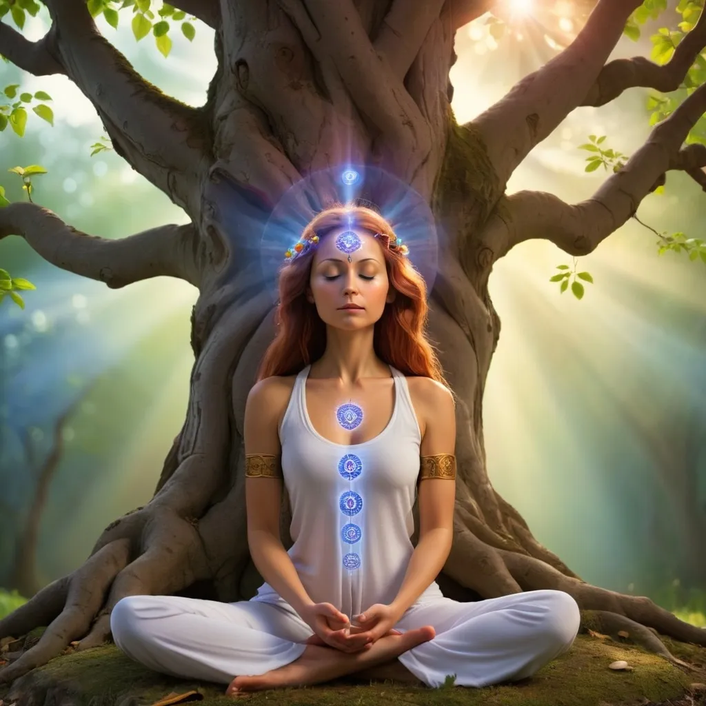 Prompt: MYSTIC MUSE sitting while meditating by the tree of life. Practicing sing the third eye When the body is still, the body fills with light