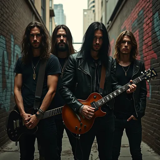 Prompt: (album cover), (rock band), gritty urban setting, instruments in hand, edgy atmosphere, rebellious vibe, muted colors, dramatic shadows, high contrast lighting, urban graffiti background, intense facial expressions, dynamic poses, urban details like skyscrapers and alleys, ultra-detailed, HD.