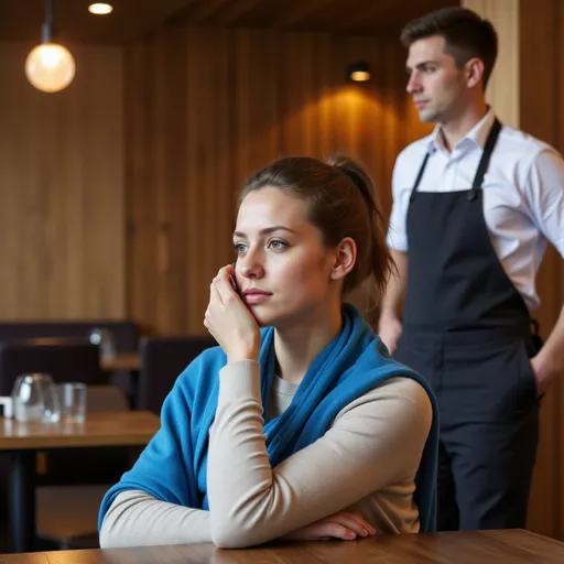 Prompt: A woman sits at a wooden table, wearing a blue shawl over a light sweater, her expression thoughtful as she talks on the phone. With one arm resting on the table and her gaze slightly turned to the side, she appears to be deep in conversation, perhaps contemplating something important. In the background, a well-dressed waiter stands, adding a touch of formality to the setting, which features smooth wooden paneling and modern decor. The ambient lighting is soft, suggesting an indoor space that could be a café or a restaurant, creating a relaxed yet engaged atmosphere. The scene encapsulates a moment of connection and reflection amidst a social setting.