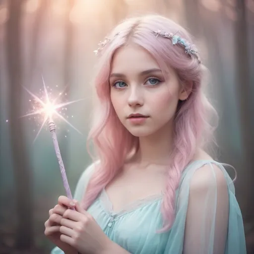 Prompt: Dreamy pastel portrait, fariy, ethereal atmosphere, soft focus, girl,holding a wand
