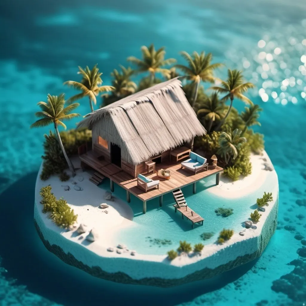 Prompt: miniature isometric world render, a hut surrounded by clear water, bahamas, on a table