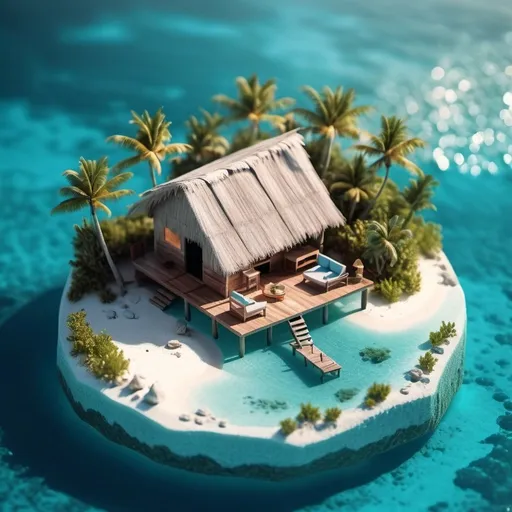 Prompt: miniature isometric world render, a hut surrounded by clear water, bahamas, on a table