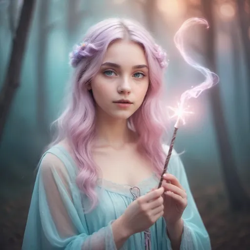 Prompt: Dreamy pastel portrait, wizard, ethereal atmosphere, soft focus, girl,holding a wand