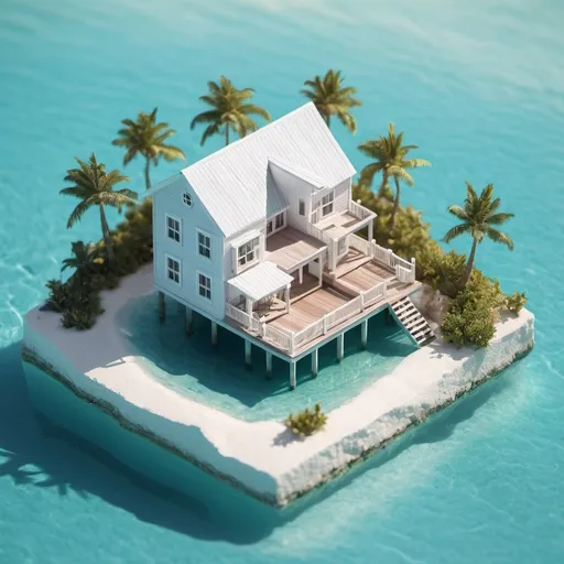 Prompt: miniature isometric world render, a house surrounded by clear water, bahamas, on a table