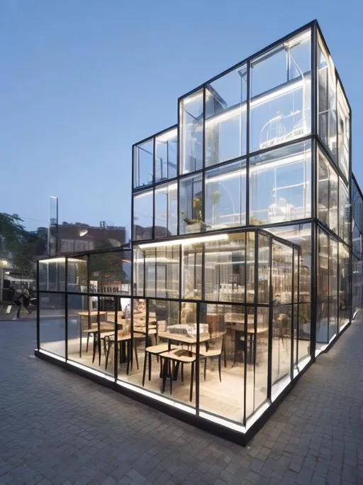 Prompt: Interior design for a rectangular cafe with a glass facade
