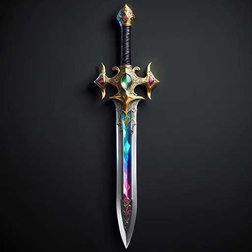 Prompt: A sword that looks like a medieval but it's also a fantasy sword that has a beautiful magical gemstone and beautiful details on it,it's colourful and has light powers so it can bring light,hope and peace to the world 