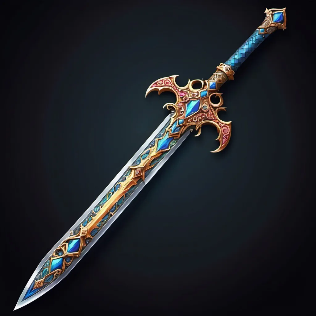 Prompt: A sword that looks like a medieval that has beautiful details on it (stars),it's colourful and has light powers 
