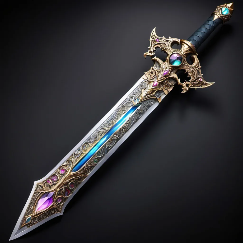Prompt: A sword that looks like a medieval but it's also a fantasy sword that has a beautiful magical gemstone and beautiful details on it,it's colourful and has light powers.