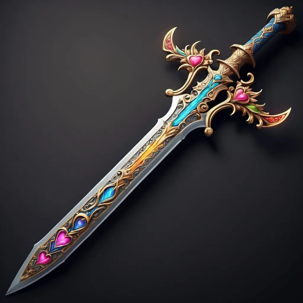 Prompt: A sword that looks like a medieval that has beautiful details on it (flowers,stars,hearts etc.),it's colourful and has light powers 