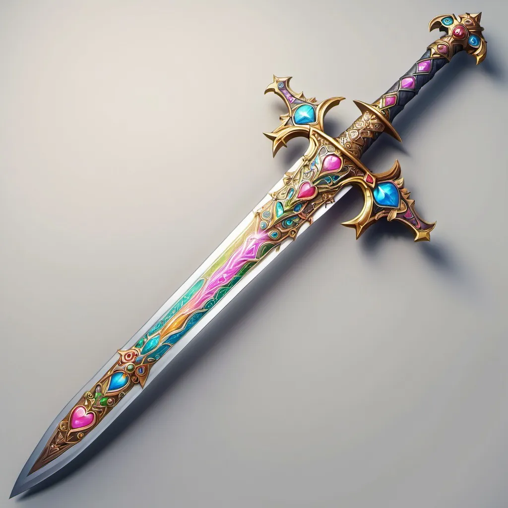 Prompt: A sword that looks like a medieval that has beautiful details on it (flowers,stars,hearts etc.),it's colourful and has light powers 