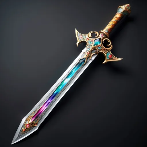 Prompt: A sword that looks like a medieval but it's also a fantasy sword that has a beautiful and magical gemstone and beautiful details on it,it's colourful and has light power 