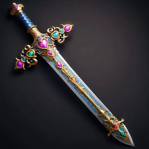 Prompt: A sword that looks like a medieval that has beautiful details on it (flowers,stars,hearts etc.),it's colourful and has light powers 