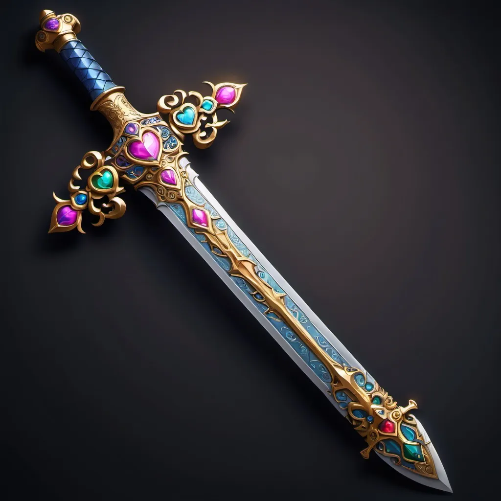 Prompt: A sword that looks like a medieval that has beautiful details on it (flowers,stars,hearts etc.),it's colourful and has light powers 