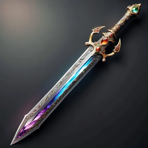 Prompt: A sword that looks like a medieval but it's also a fantasy sword that has a beautiful magical gemstone and beautiful details on it,it's colourful and has light powers so it can bring light,hope and peace to the world 