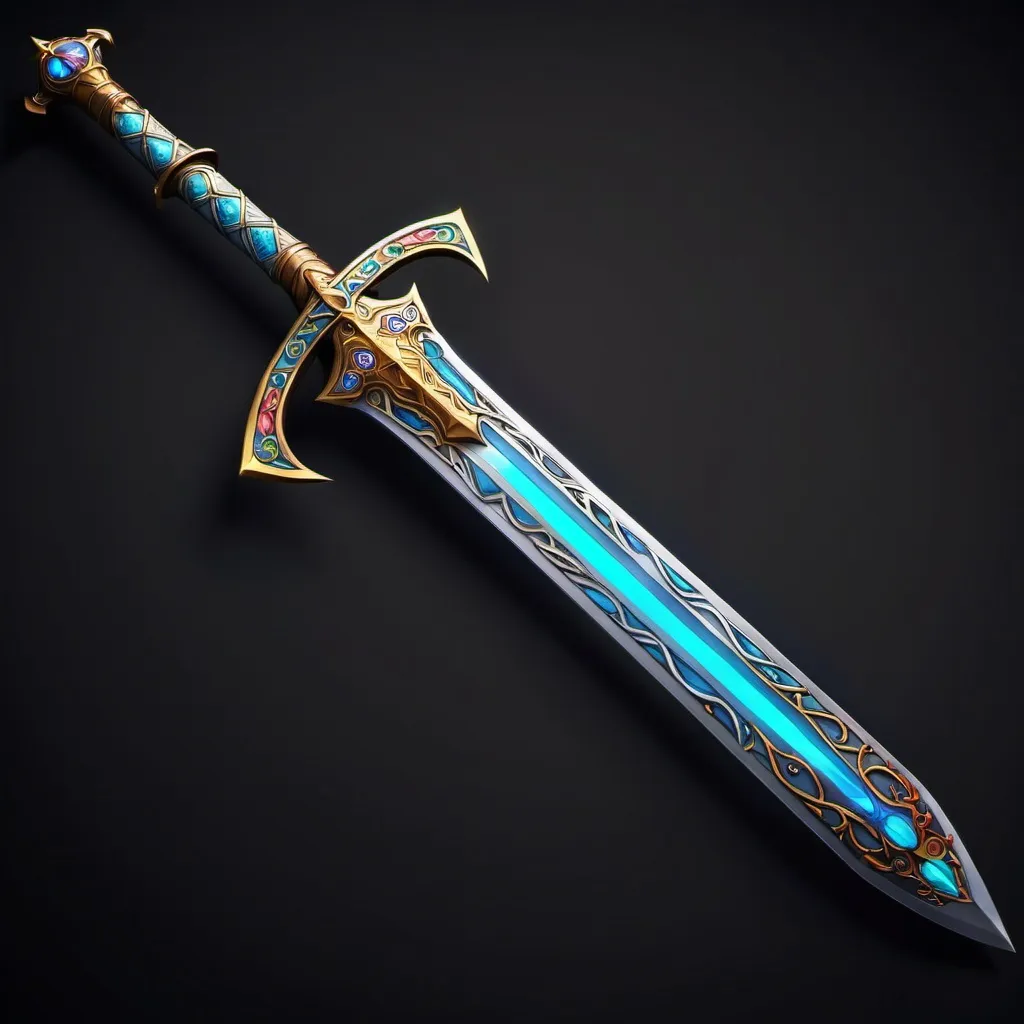 Prompt: A sword that looks like a medieval that has beautiful details on it (stars),it's colourful and has light powers 