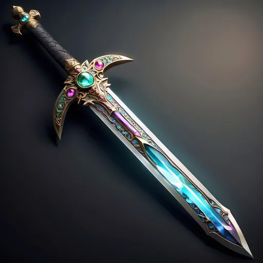 Prompt: A sword that looks like a medieval but it's also a fantasy sword that has a beautiful and magical gemstone and beautiful details on it,it's colourful and has light power 