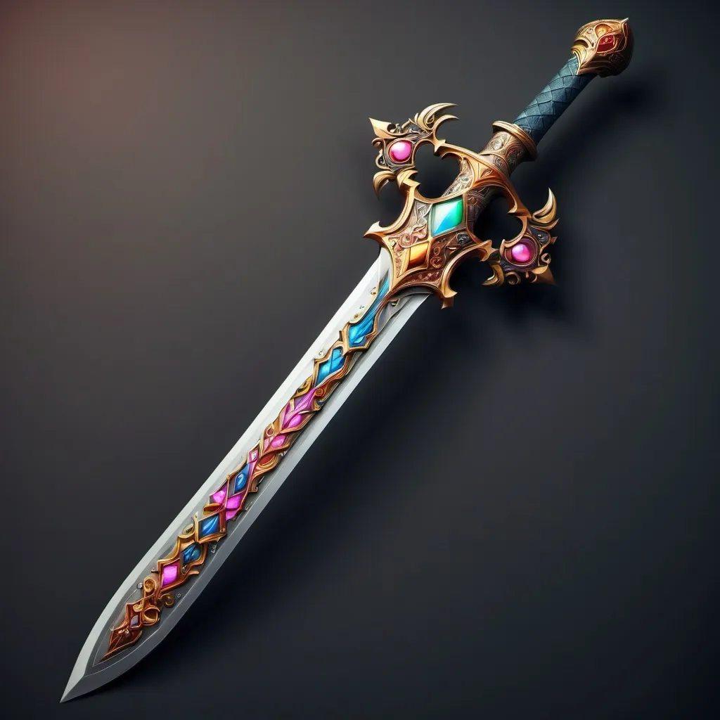 Prompt: A sword that looks like a medieval that has beautiful details on it,it's colourful and has light powers 