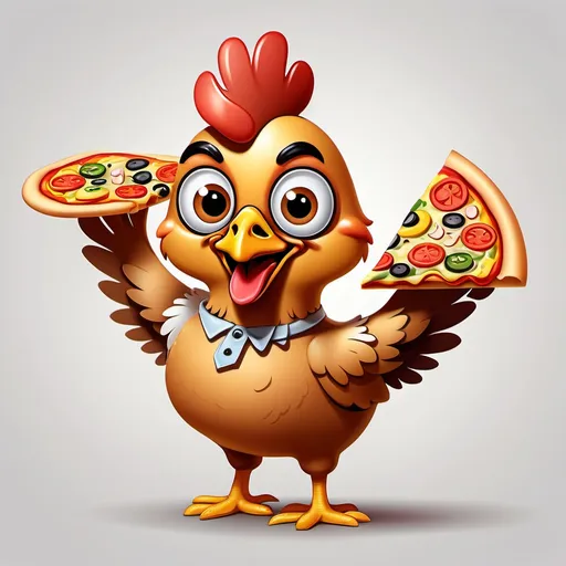 Prompt: cool cartoon chicken male smiling, real colors of chicken, standing upright, smiling, holding colorful pizza with toppings  in one wing, big expressive eyes, simple cheerful background, playful elements, lively atmosphere, high quality, engaging design, suitable for fun branding, joyful and captivating.