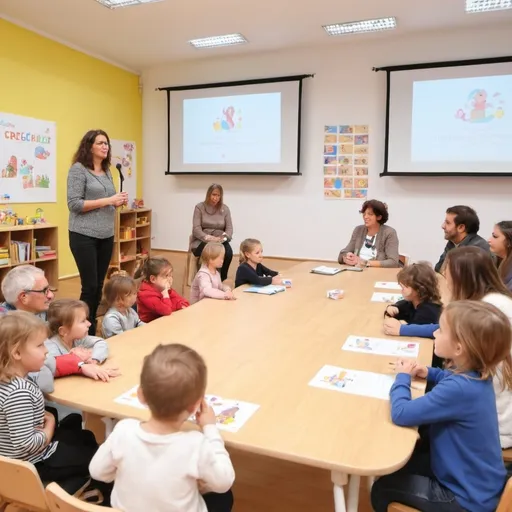 Prompt: Conférence de programme créatif crèche parents enfants 