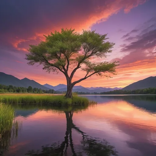 Prompt: A stunning sunset over a tranquil lake, with the sky ablaze in warm hues of orange, pink, and purple. Lush, green mountains frame the horizon, their peaks kissed by the fading sunlight. A lone tree stands tall by the water's edge, its branches reaching towards the sky. Reflecting in the calm waters are the vibrant colors of the sky, creating a mesmerizing scene of natural beauty. This picturesque landscape would make for a perfect background on any Android device, providing a sense of serenity and awe-inspiring wonder with every glance.