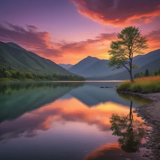 Prompt: A stunning sunset over a tranquil lake, with the sky ablaze in warm hues of orange, pink, and purple. Lush, green mountains frame the horizon, their peaks kissed by the fading sunlight. A lone tree stands tall by the water's edge, its branches reaching towards the sky. Reflecting in the calm waters are the vibrant colors of the sky, creating a mesmerizing scene of natural beauty. This picturesque landscape would make for a perfect background on any Android device, providing a sense of serenity and awe-inspiring wonder with every glance.