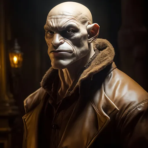 Prompt: Draw a high detail professional real life picture with professional lighting of Urs Brechbuehler, a werewolf,  which is bald, with brown eyes, has a goatee, is 40 years old,  is 180 lbs heavy and 5'5 feet tall, and looks like an synthetic.