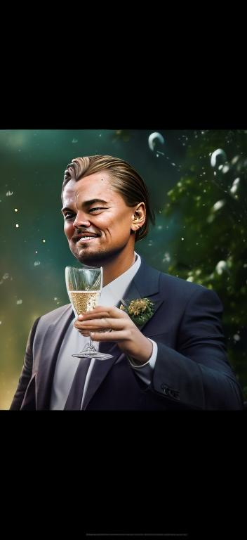 Prompt: Realistic digital picture of a 29-year-old, thanking for birthday wishes, inspired by Leonardo DiCaprio holding champagne, warm and celebratory atmosphere, detailed facial features, professional digital art, high quality, realistic style, warm and vibrant colors, natural lighting, gratitude, Leonardo DiCaprio tribute, heartfelt expression, realistic digital picture birthday celebration using my picture

